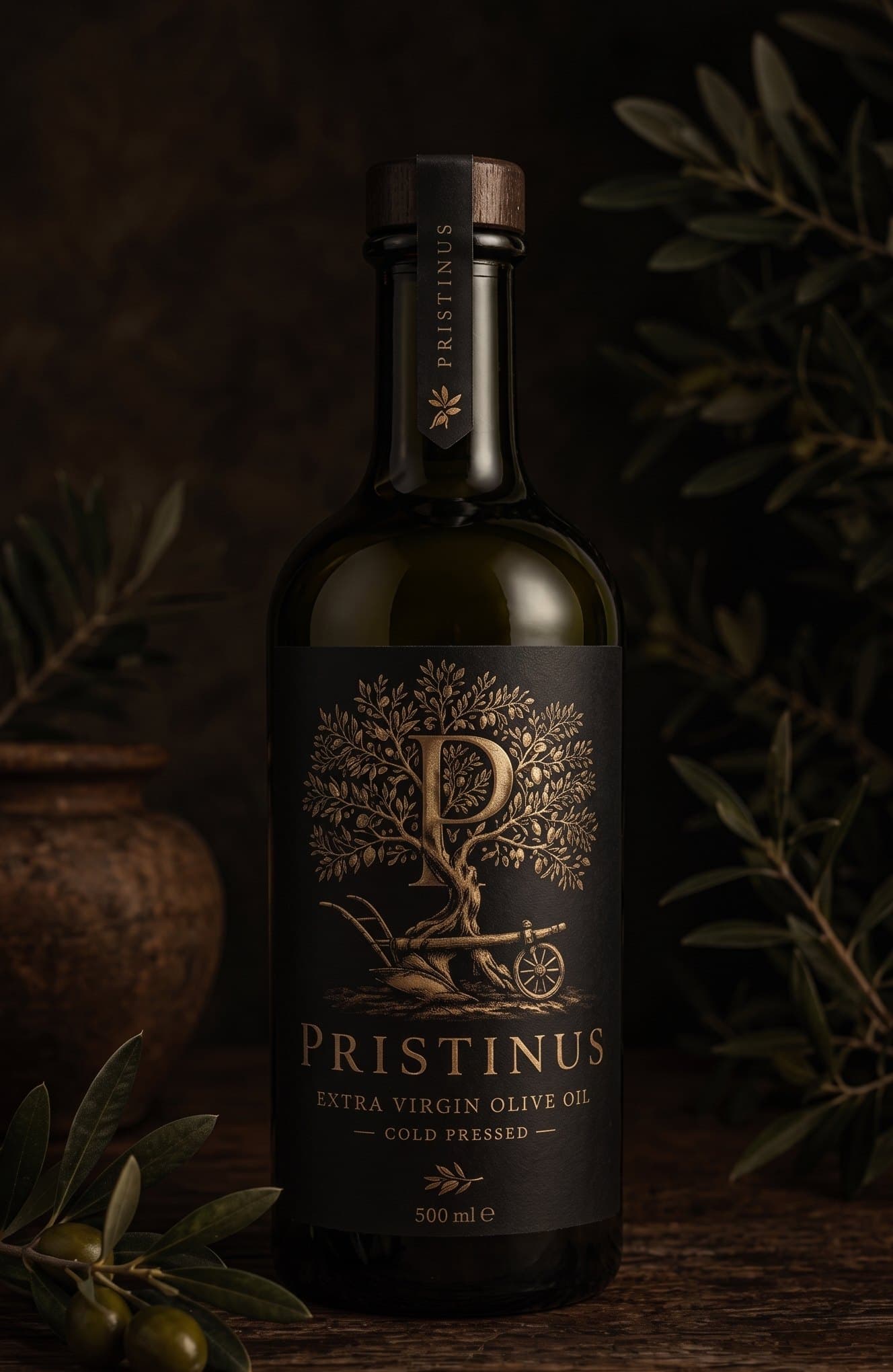 Bouteille Pristinus, huile d'olive extra vierge, étiquette noire et or